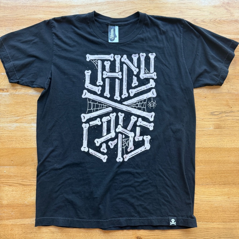 Johnny Cupcakes Bones Logo T-Shirt Mens Large Black Spooky Spiderweb Graphic Tee